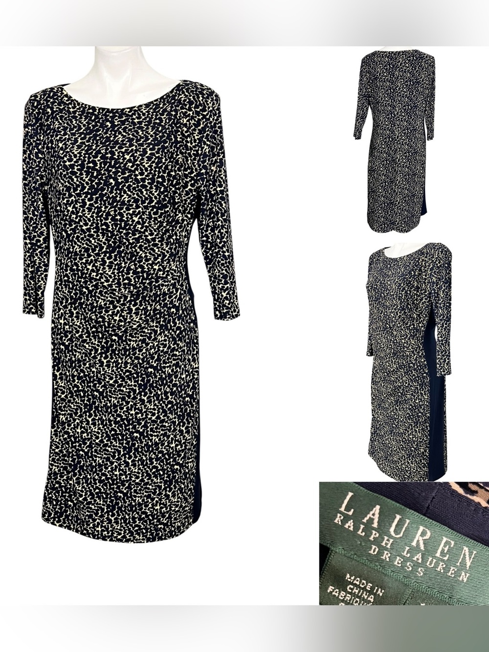 Lauren Ralph Lauren dress 16 navy blue/beige stretch career church office